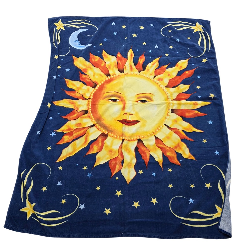 Vintage‎ 1990s Sun Blanket Celestial Sun Moon Stars Navy Cozy Giant Beach Towel